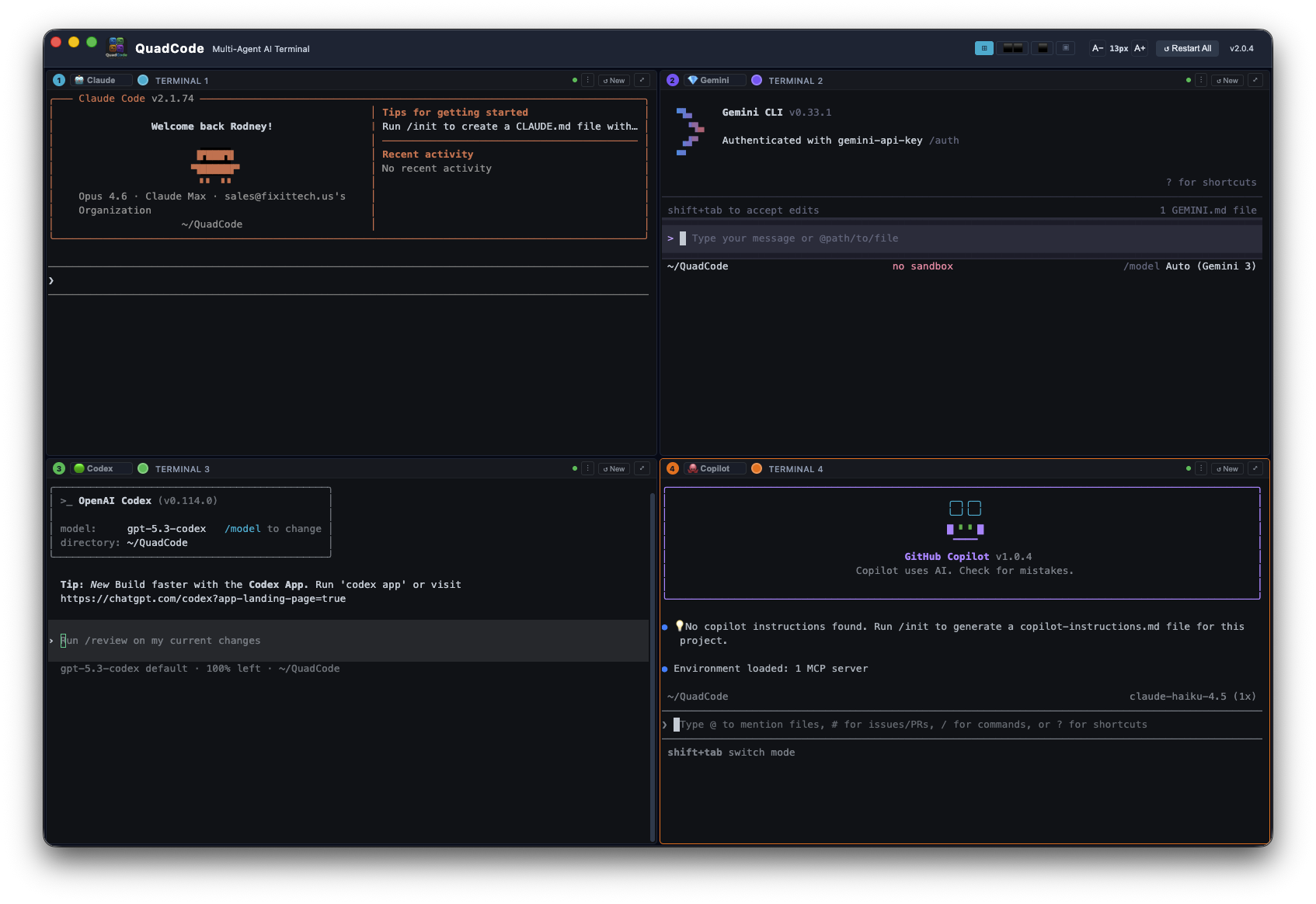 QuadCode — 4 parallel AI agent sessions